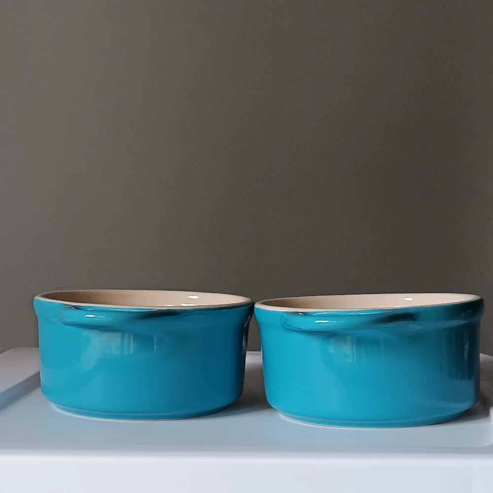 Pair of Ceramic Bowls with Lids & Handles Aqua Blue White 4.5